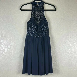 Speechless Dress Women's Sz 5 Fit & Flare Halter Backless Sequin Lined Blue